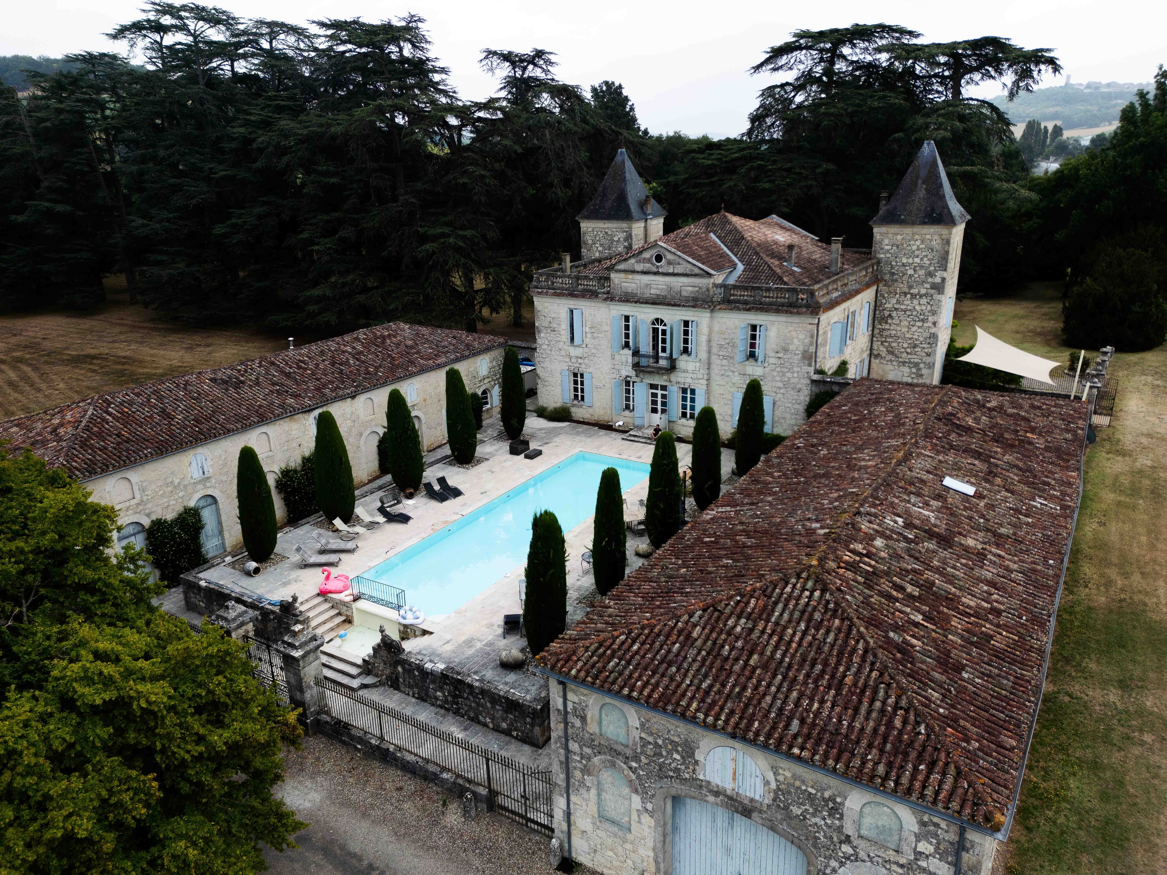 Aerial view of wedding venue at sunset